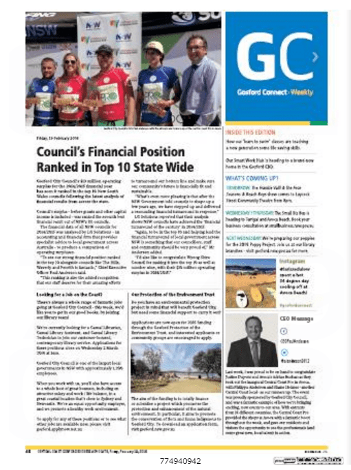 Article form Central Coast Express Advocate - 3 page full colour feature on 19 February 2016