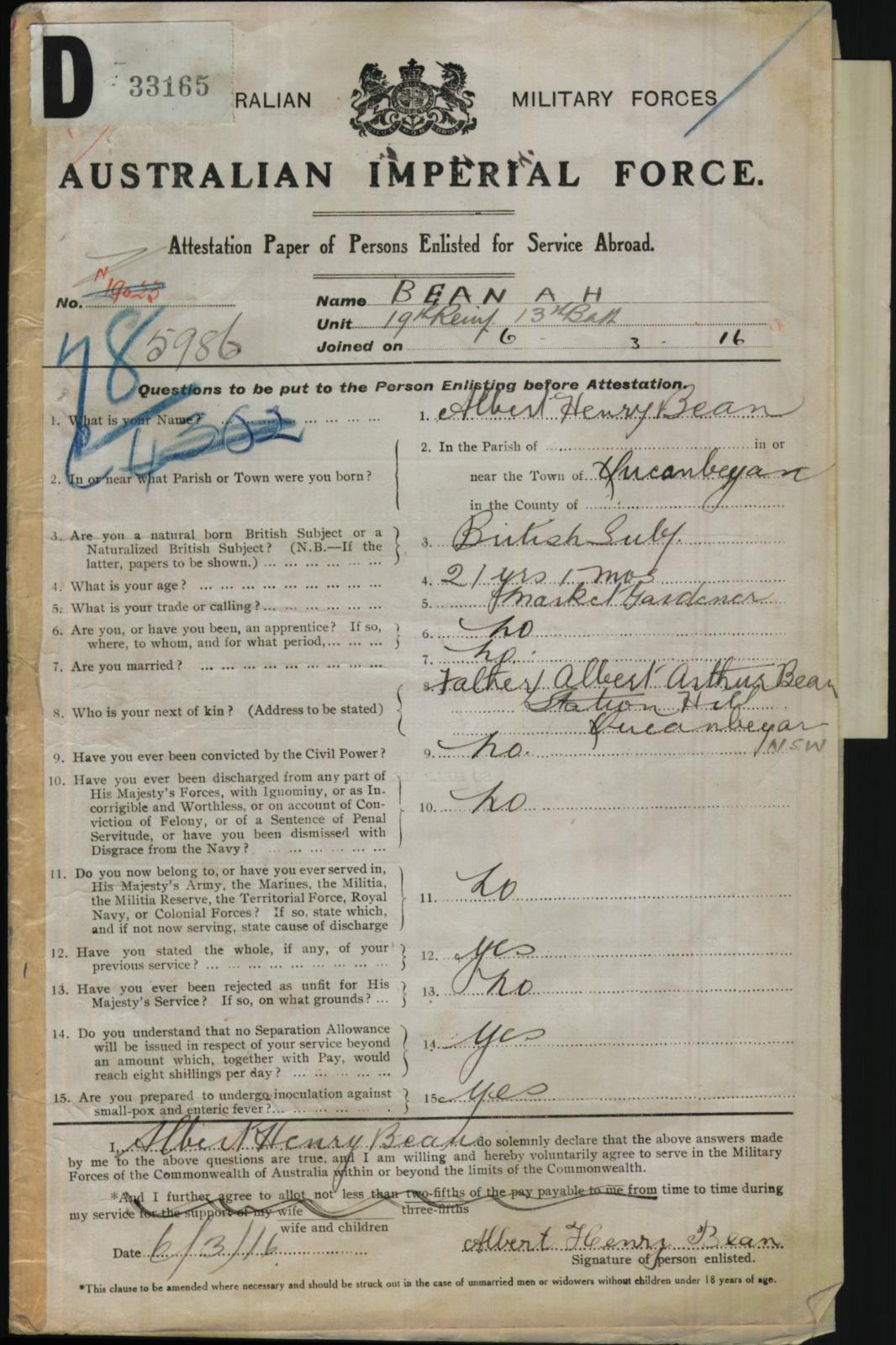 Bert Bean's enlistment record March 1916