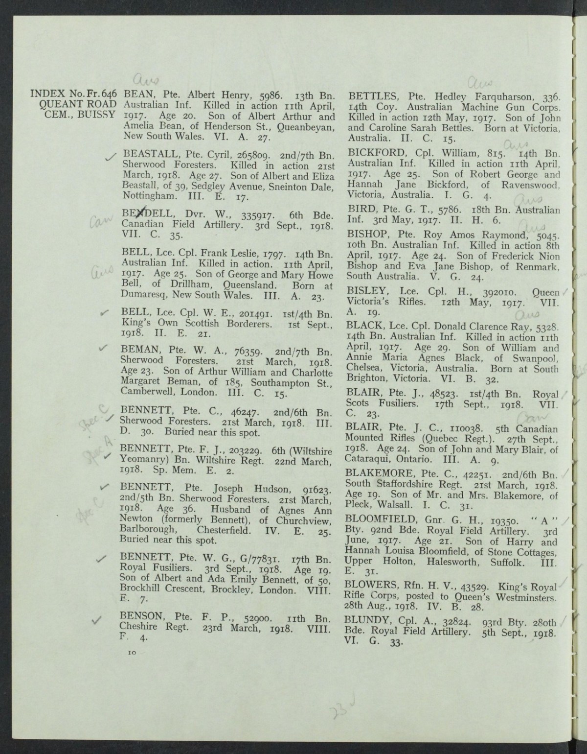 Commonwealth War Graves Record - Queant Road Cemetery Buissy, France.