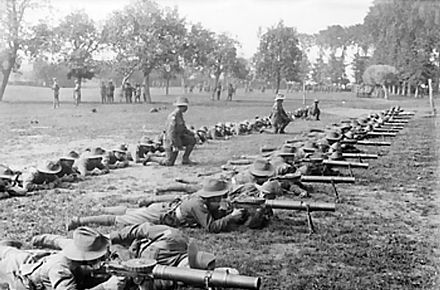 AIF soldiers lying down in a field to learn how to use a Lewis machine gun