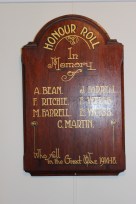 Timber Honour Roll in the Wamberal Memorial Hall recording Alfred Bean as having fallen in the Great War 1914-1918