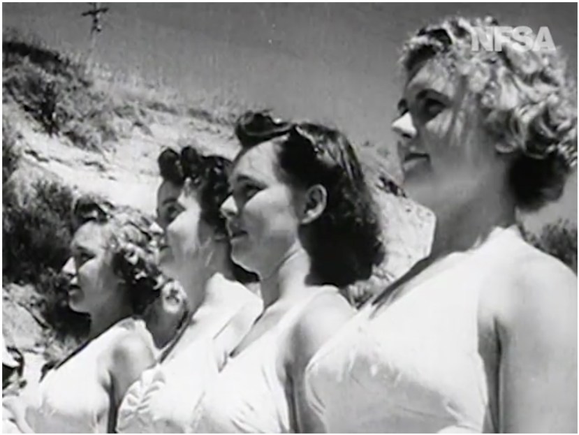 Muriel James and Nola Lawn at Terrigal Beach in 1944